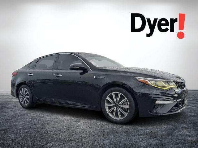 2019 Kia Optima EX Turbo in Ebony Black — front three-quarter view