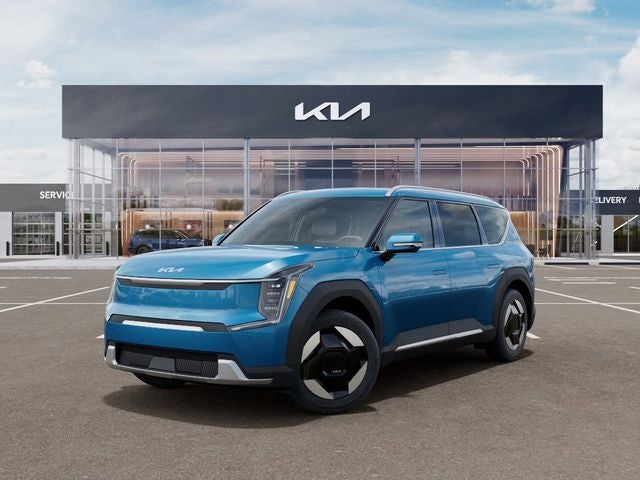 2026 Kia EV9 Wind in Ocean Blue — front three-quarter view